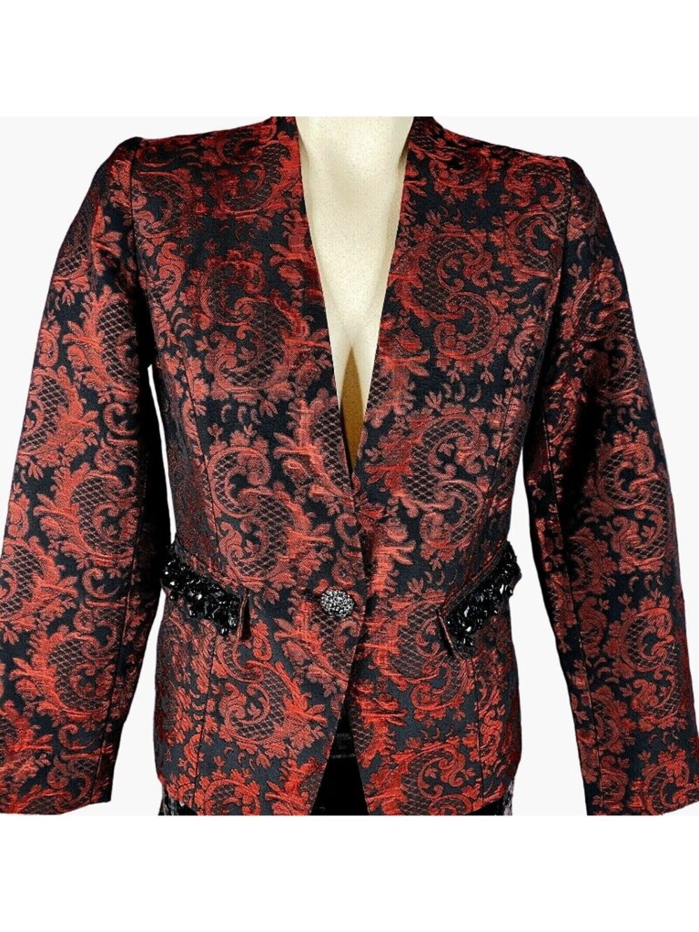 Chicos 00 Paisley Damask Jacket XS Sz 2  Red Black Beaded Pockets